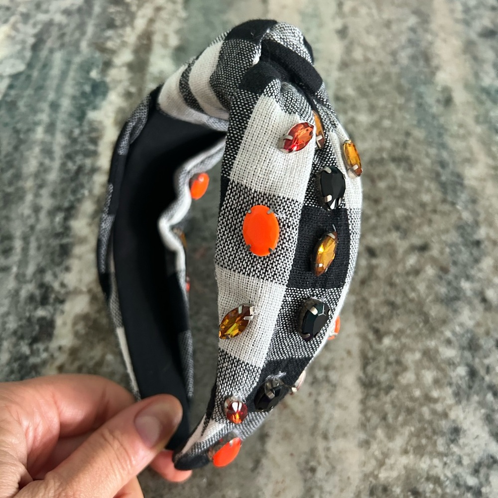 Beaded Top Knot Halloween Headband Shiny Crystals Gingham Checkered Orange